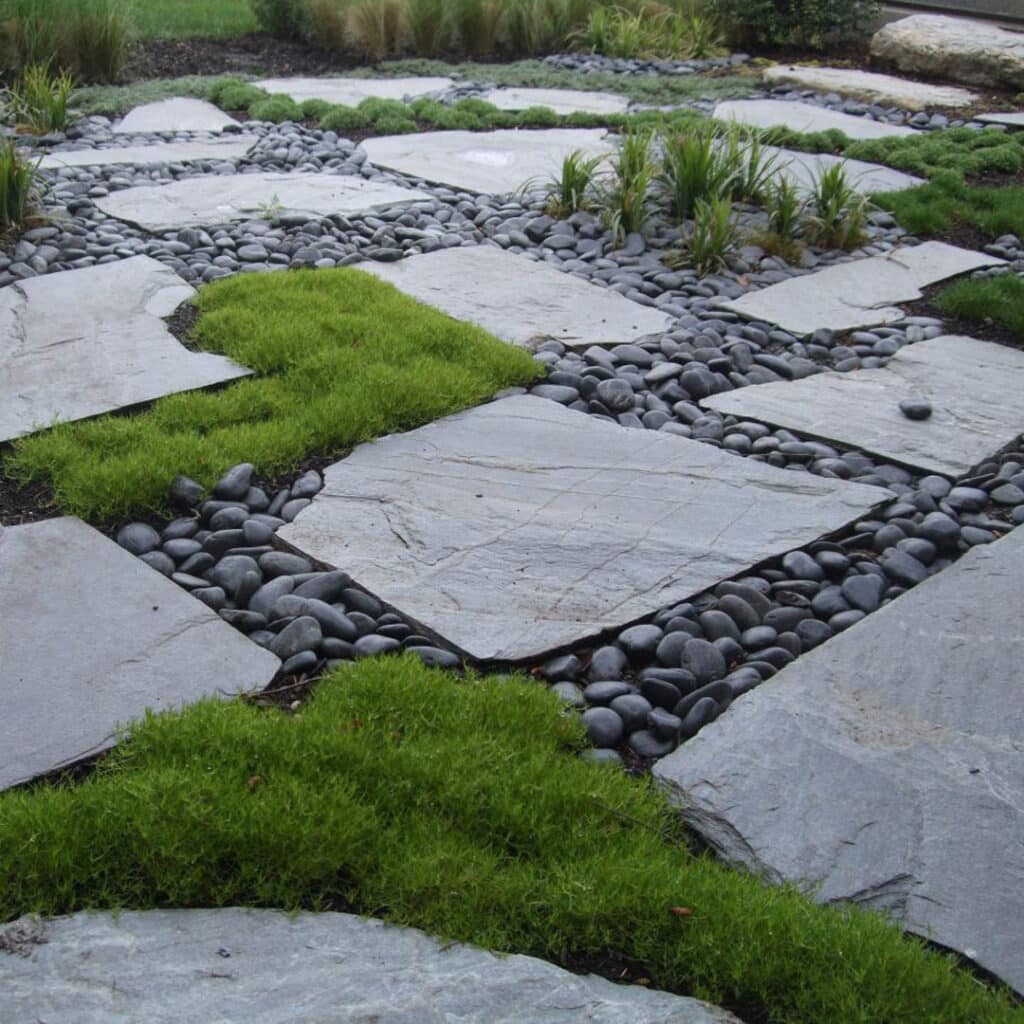 Bluestone flagstone and Mexican pond pebbles