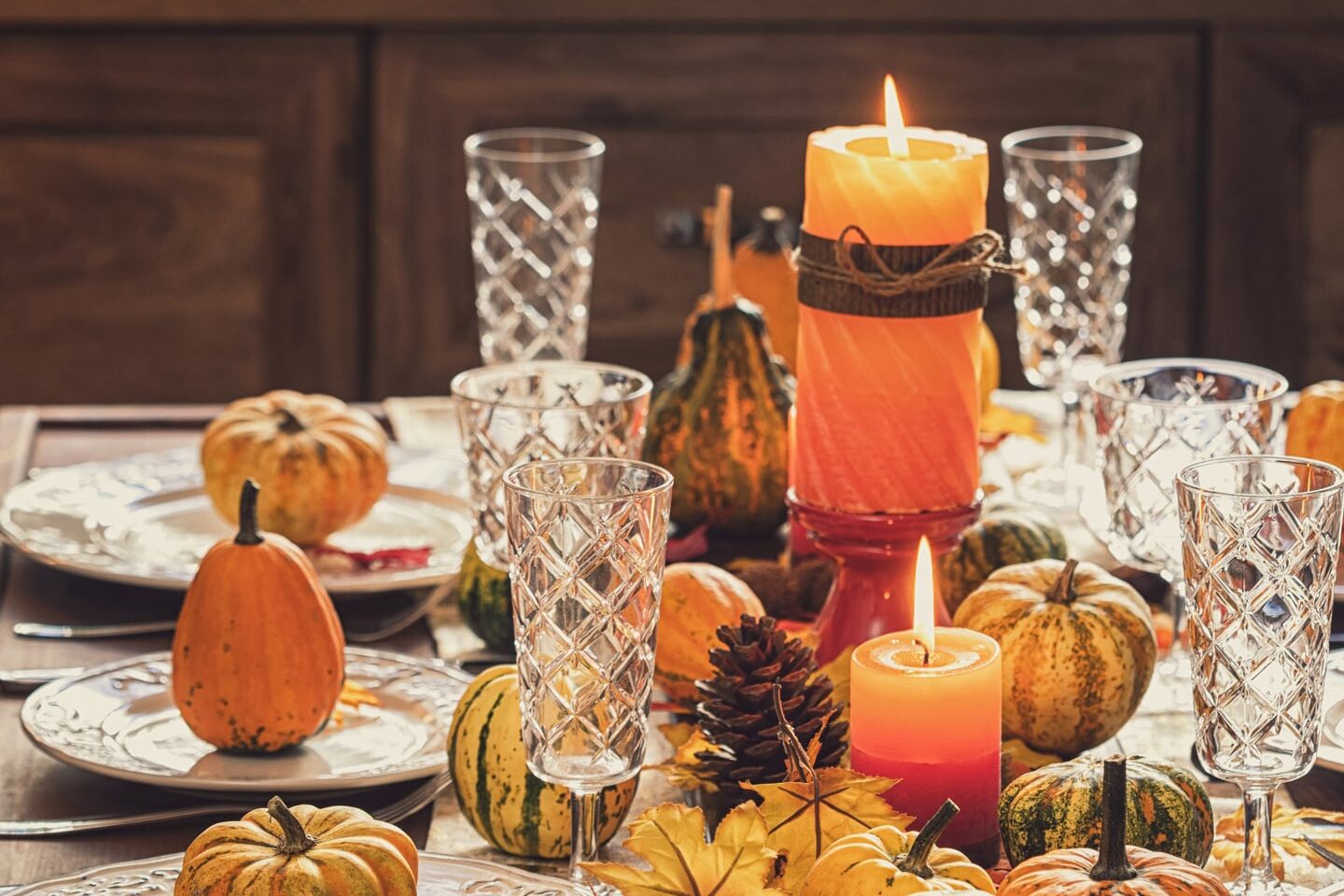 Fall table with pumpkins and pumpkin decor