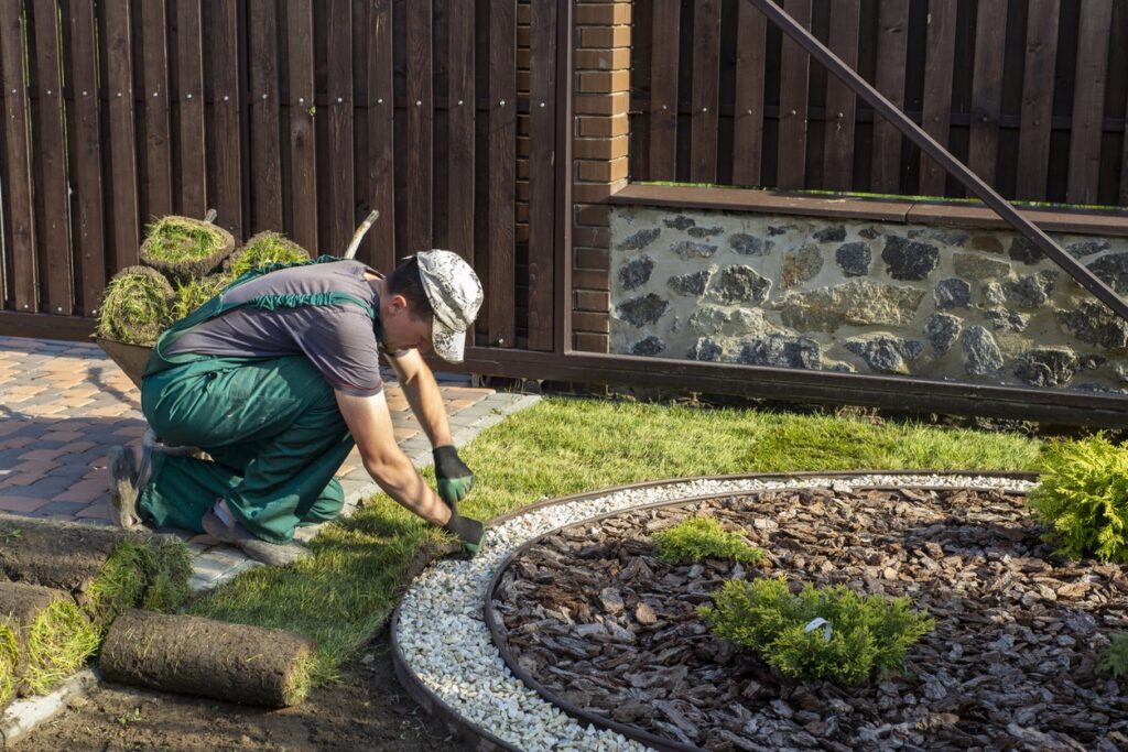 Landscaper Laying Turf For New Lawn